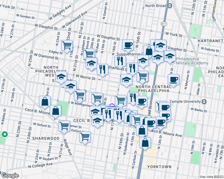 map of restaurants, bars, coffee shops, grocery stores, and more near 1849 North 18th Street in Philadelphia