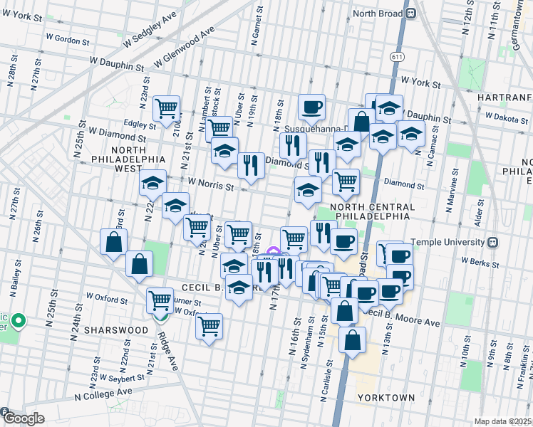 map of restaurants, bars, coffee shops, grocery stores, and more near 1849 North 18th Street in Philadelphia