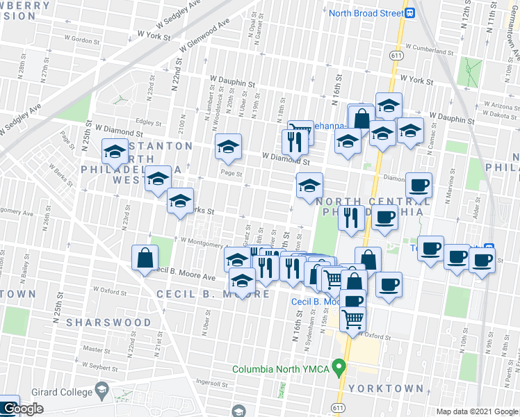 map of restaurants, bars, coffee shops, grocery stores, and more near 1849 North 18th Street in Philadelphia