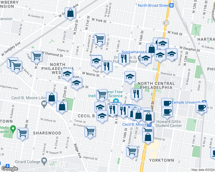 map of restaurants, bars, coffee shops, grocery stores, and more near 1849 North 18th Street in Philadelphia