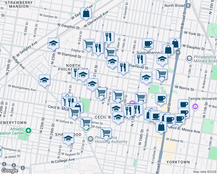 map of restaurants, bars, coffee shops, grocery stores, and more near 1860 North Uber Street in Philadelphia