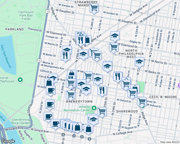 map of restaurants, bars, coffee shops, grocery stores, and more near in Philadelphia
