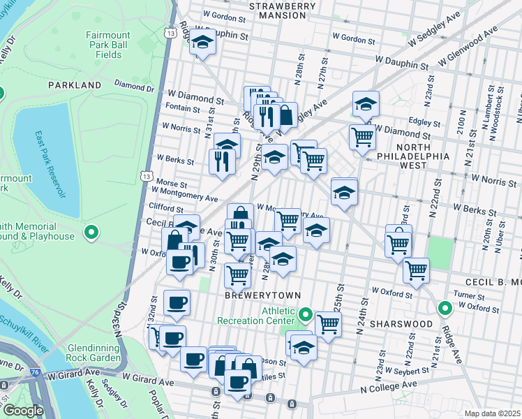 map of restaurants, bars, coffee shops, grocery stores, and more near in Philadelphia