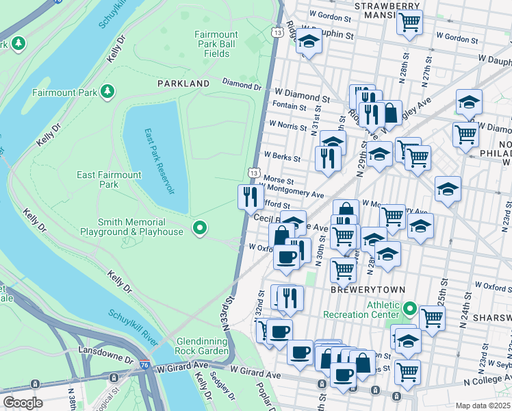 map of restaurants, bars, coffee shops, grocery stores, and more near 1643 North 33rd Street in Philadelphia