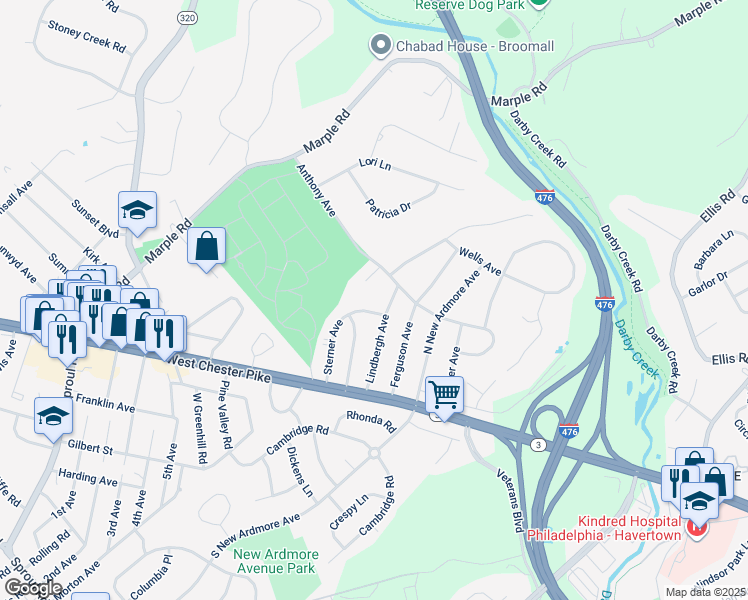 map of restaurants, bars, coffee shops, grocery stores, and more near 52 Sterner Avenue in Broomall