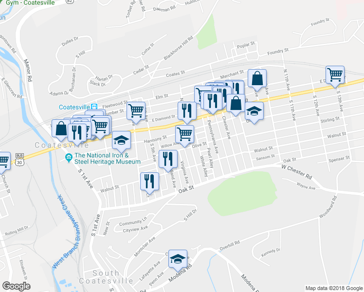 map of restaurants, bars, coffee shops, grocery stores, and more near 73 Modena Alley in Coatesville