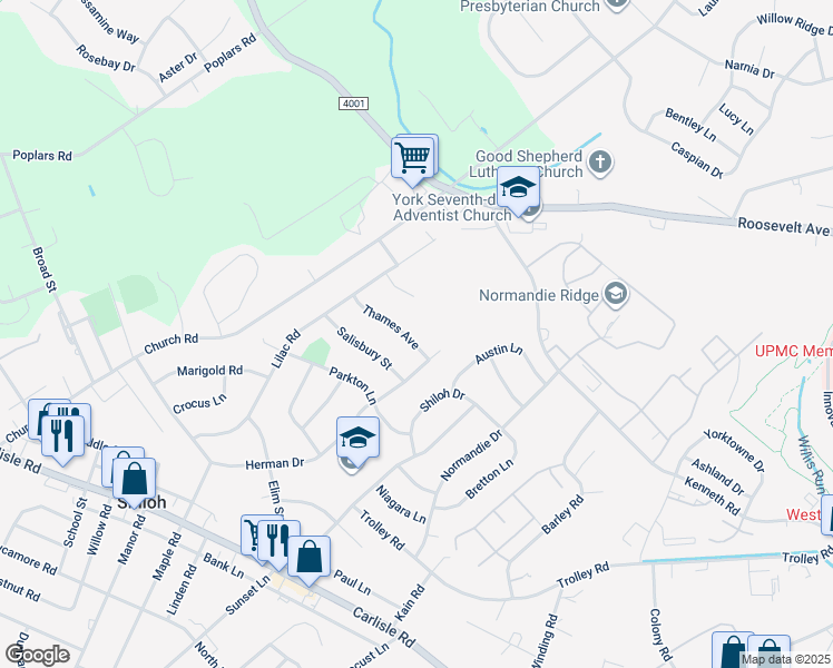 map of restaurants, bars, coffee shops, grocery stores, and more near 2121 Thames Avenue in York