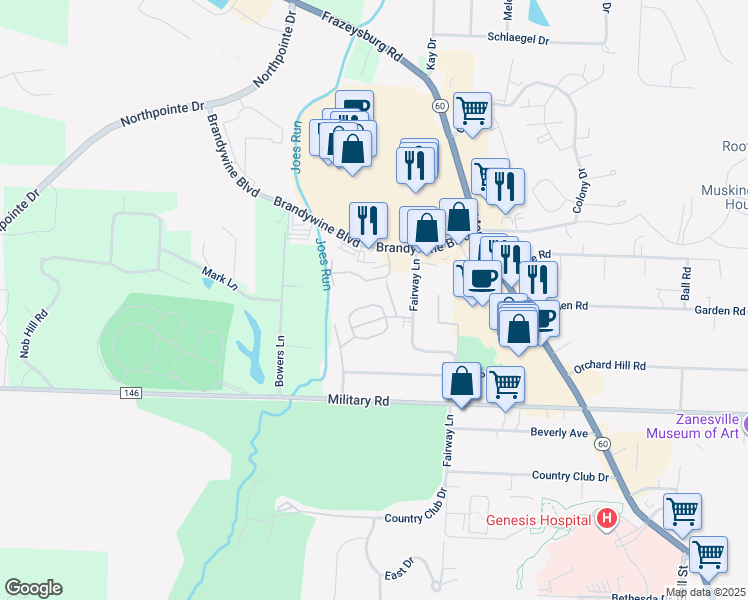 map of restaurants, bars, coffee shops, grocery stores, and more near 1523 Venus Place in Zanesville