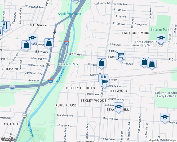 map of restaurants, bars, coffee shops, grocery stores, and more near 618 North Drexel Avenue in Columbus