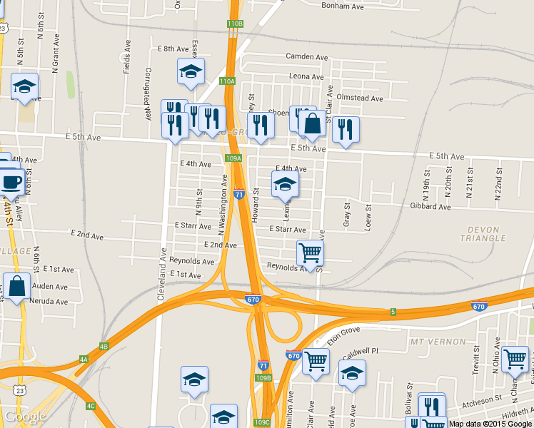 map of restaurants, bars, coffee shops, grocery stores, and more near 796 East Starr Avenue in Columbus