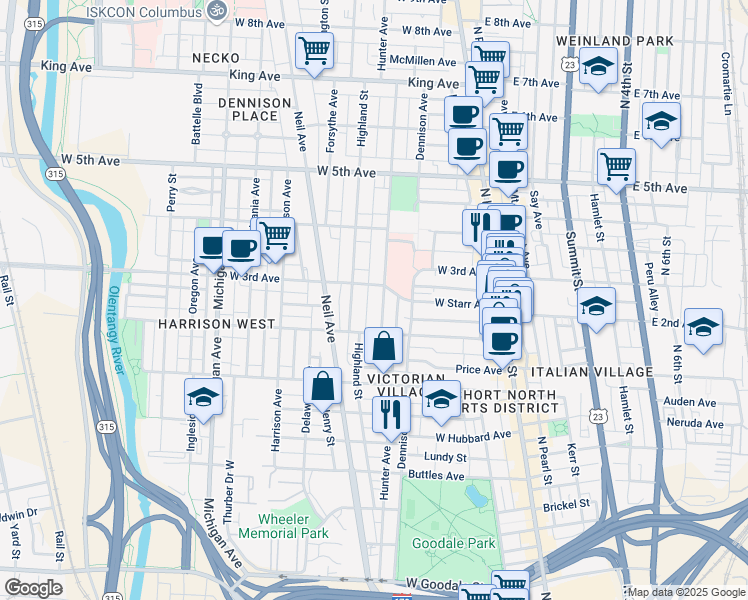 map of restaurants, bars, coffee shops, grocery stores, and more near 1021 Hunter Avenue in Columbus