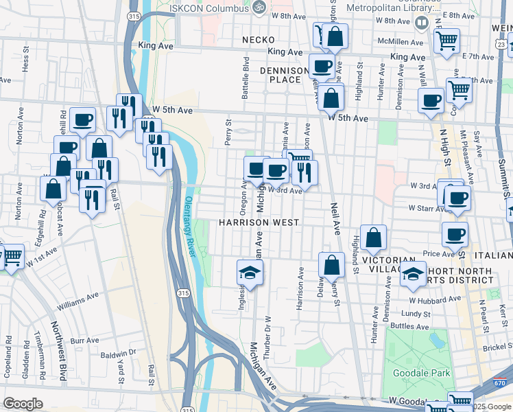 map of restaurants, bars, coffee shops, grocery stores, and more near 474 West 2nd Avenue in Columbus