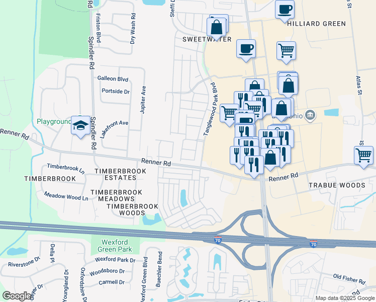 map of restaurants, bars, coffee shops, grocery stores, and more near 5698 Rutgers Lane in Hilliard