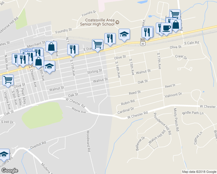 map of restaurants, bars, coffee shops, grocery stores, and more near 125 South 13th Avenue in Coatesville