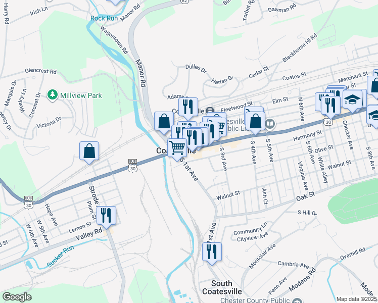 map of restaurants, bars, coffee shops, grocery stores, and more near in Coatesville