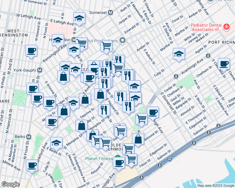 map of restaurants, bars, coffee shops, grocery stores, and more near 2223 East Huntingdon Street in Philadelphia
