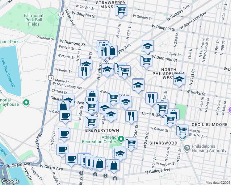 map of restaurants, bars, coffee shops, grocery stores, and more near in Philadelphia
