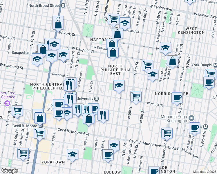 map of restaurants, bars, coffee shops, grocery stores, and more near 2046 North Darien Street in Philadelphia