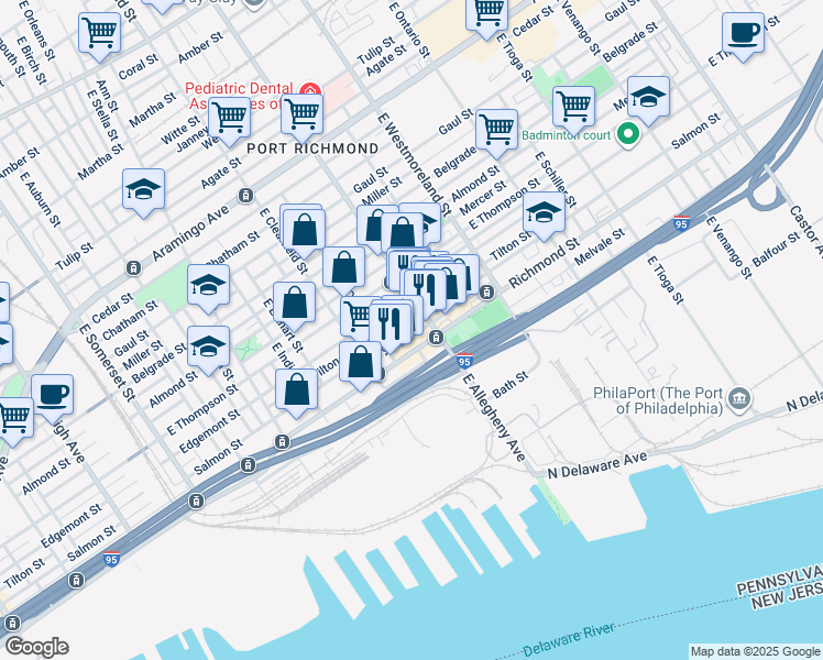 map of restaurants, bars, coffee shops, grocery stores, and more near 3175 Salmon Street in Philadelphia