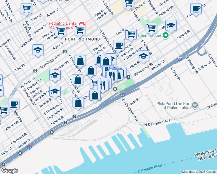 map of restaurants, bars, coffee shops, grocery stores, and more near 3175 Salmon Street in Philadelphia