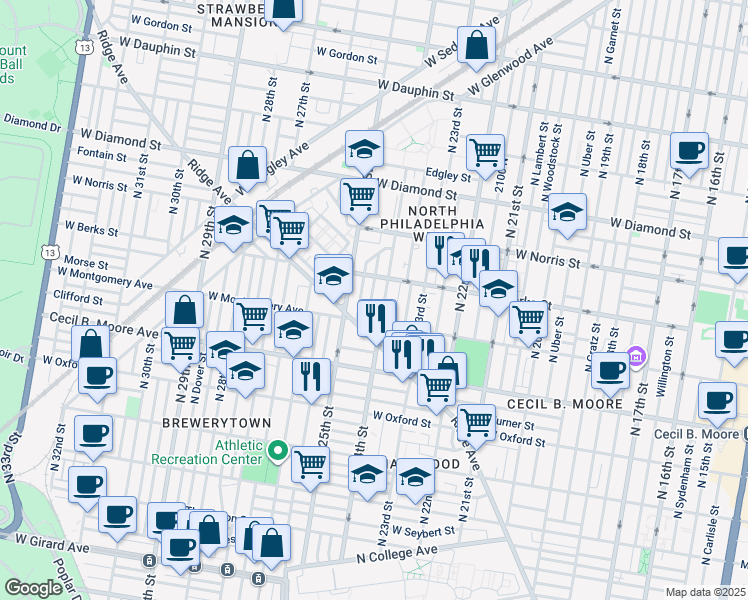 map of restaurants, bars, coffee shops, grocery stores, and more near 1827 North Ringgold Street in Philadelphia