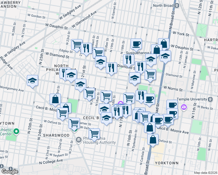 map of restaurants, bars, coffee shops, grocery stores, and more near 1916 North Gratz Street in Philadelphia