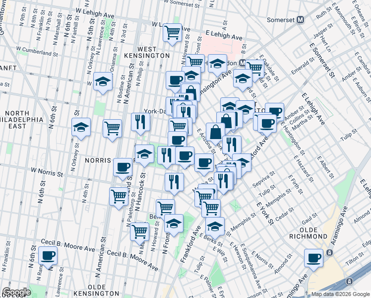 map of restaurants, bars, coffee shops, grocery stores, and more near in Philadelphia