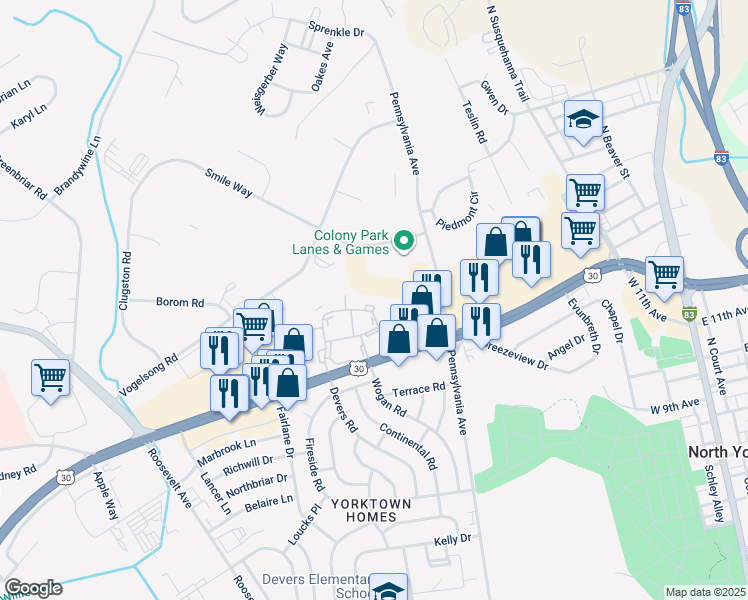 map of restaurants, bars, coffee shops, grocery stores, and more near 735 Hardwick Place in York
