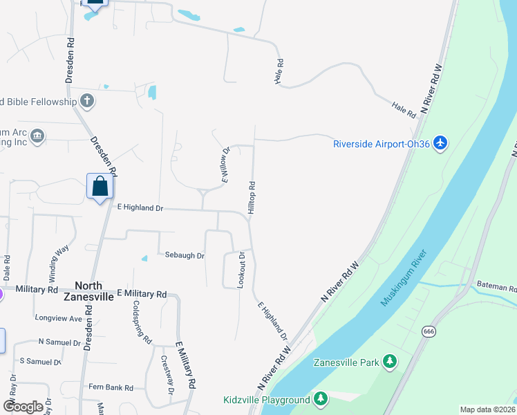 map of restaurants, bars, coffee shops, grocery stores, and more near 3200 Hilltop Road in Zanesville
