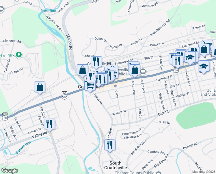 map of restaurants, bars, coffee shops, grocery stores, and more near 230 Harmony Street in Coatesville