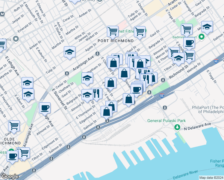 map of restaurants, bars, coffee shops, grocery stores, and more near 3031 Mercer Street in Philadelphia