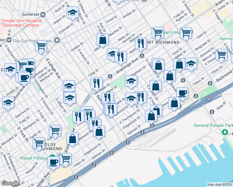 map of restaurants, bars, coffee shops, grocery stores, and more near 2901 Gaul Street in Philadelphia