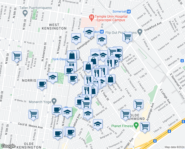 map of restaurants, bars, coffee shops, grocery stores, and more near 2047 East York Street in Philadelphia