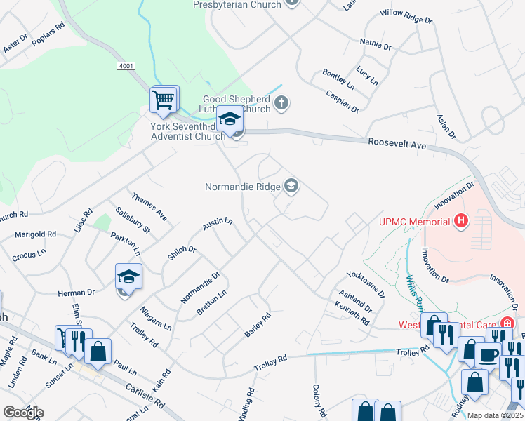 map of restaurants, bars, coffee shops, grocery stores, and more near 16 Copperwood Court in York