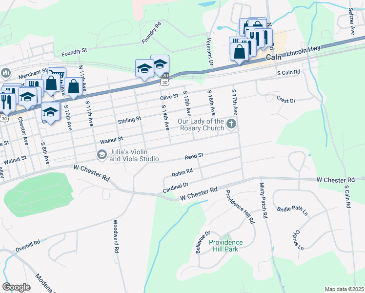 map of restaurants, bars, coffee shops, grocery stores, and more near 1408 Oak Street in Coatesville