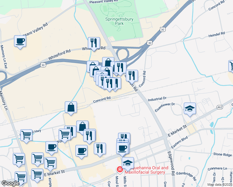 map of restaurants, bars, coffee shops, grocery stores, and more near 2915 Concord Road in York