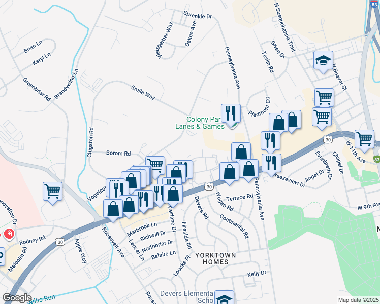 map of restaurants, bars, coffee shops, grocery stores, and more near 1780 Devers Road in York