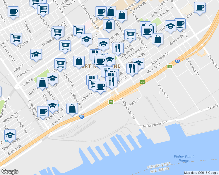 map of restaurants, bars, coffee shops, grocery stores, and more near 3190 Emery Street in Philadelphia