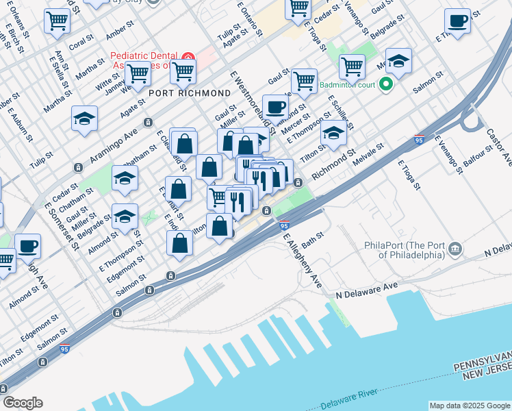 map of restaurants, bars, coffee shops, grocery stores, and more near 3190 Emery Street in Philadelphia
