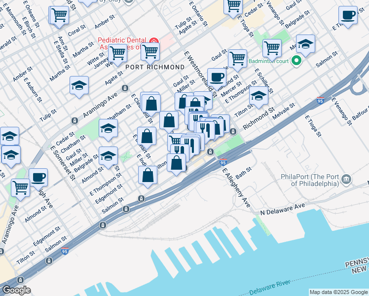 map of restaurants, bars, coffee shops, grocery stores, and more near 3136 Tilton Street in Philadelphia