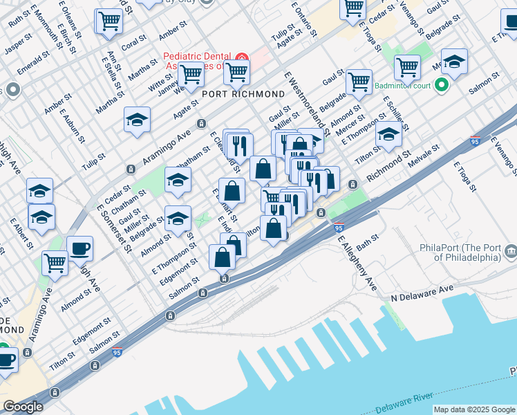 map of restaurants, bars, coffee shops, grocery stores, and more near 2658 East Clearfield Street in Philadelphia