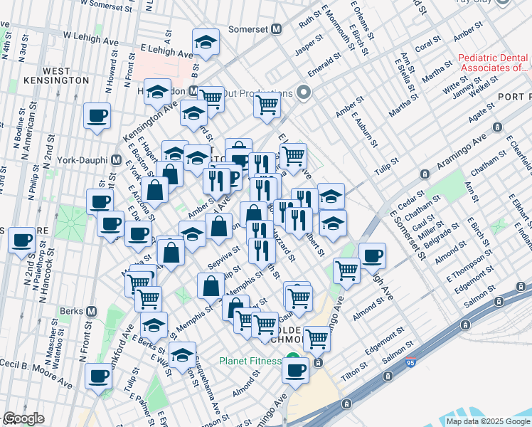 map of restaurants, bars, coffee shops, grocery stores, and more near 2569 Trenton Avenue in Philadelphia