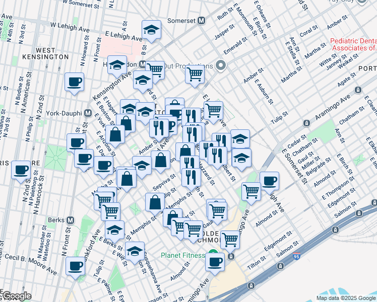 map of restaurants, bars, coffee shops, grocery stores, and more near 2152 East Hazzard Street in Philadelphia