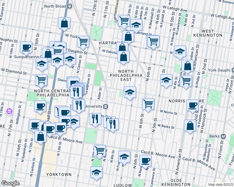 map of restaurants, bars, coffee shops, grocery stores, and more near 2047 North 9th Street in Philadelphia