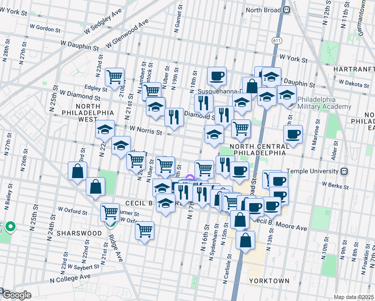map of restaurants, bars, coffee shops, grocery stores, and more near 1739 Monument Street in Philadelphia