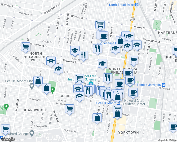 map of restaurants, bars, coffee shops, grocery stores, and more near 1923 North 18th Street in Philadelphia