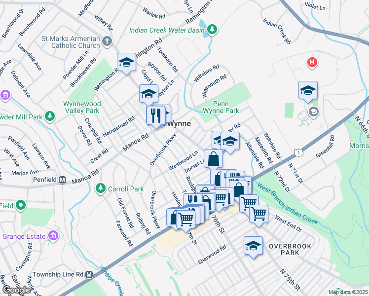 map of restaurants, bars, coffee shops, grocery stores, and more near 109 Beverly Road in Penn Wynne