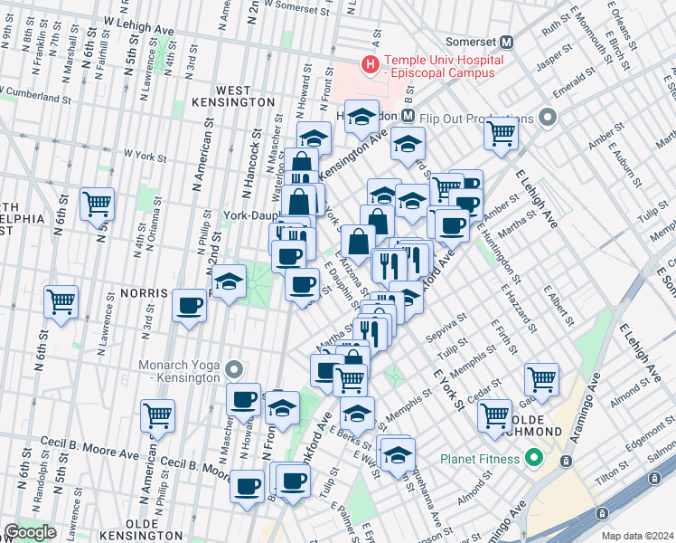 map of restaurants, bars, coffee shops, grocery stores, and more near 2033 East Dauphin Street in Philadelphia