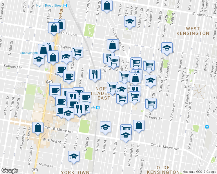 map of restaurants, bars, coffee shops, grocery stores, and more near 2047 North 9th Street in Philadelphia