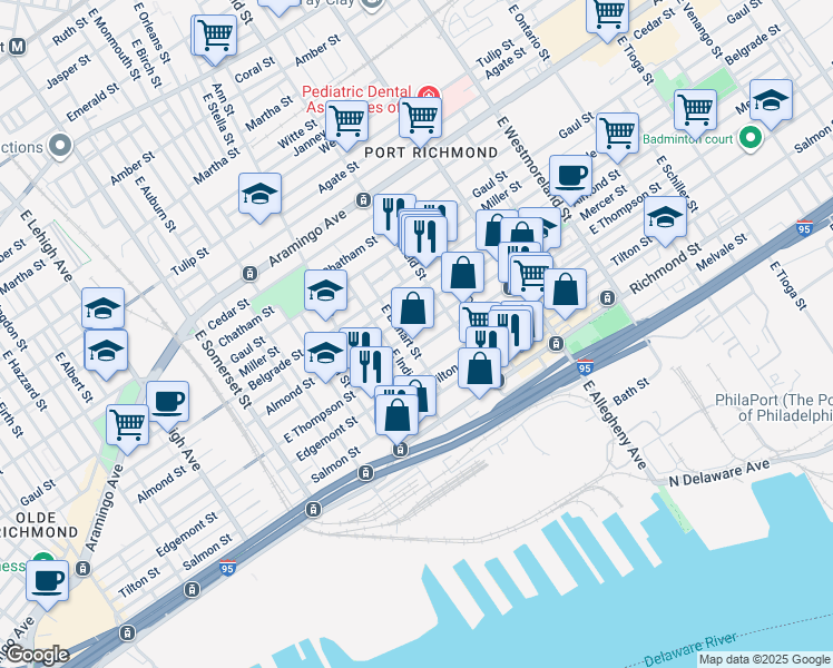map of restaurants, bars, coffee shops, grocery stores, and more near 3031 Mercer Street in Philadelphia